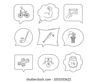 Ice hockey, football and basketball icons. Fitness sport, baseball and bowling linear signs. Biking, weightlifting icons. Linear Speech bubbles with icons set. Comic chat balloon. Vector