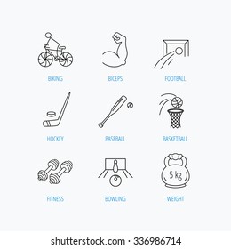 Ice hockey, football and basketball icons. Fitness sport, baseball and bowling linear signs. Biking, weightlifting icons. Linear set icons on white background.