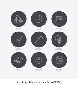 Ice hockey, football and basketball icons. Fitness sport, baseball and bowling linear signs. Biking, weightlifting icons. Linear icons in circle buttons. Flat web symbols. Vector