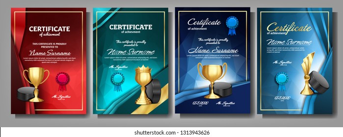 Ice Hockey Game Certificate Diploma With Golden Cup Set Vector. Sport Award Template. Achievement Design. Honor Background. Champion. Best Prize. Winner Trophy. Banner Template Illustration