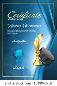 Ice Hockey Game Certificate Diploma With Golden Cup Vector. Sport Graduate Champion. Best Prize. Winner Trophy. A4 Vertical. Illustration