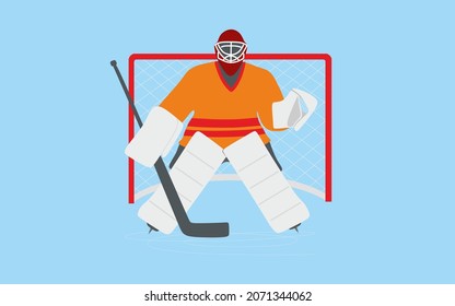 Juego de hockey sobre hielo. Arquero de hockey, portero que protege la puerta. Patinaje sobre hielo. Estilo de vida activo. Deportes de invierno, ocio activo. Formación. Actividad al aire libre.Color Isolación de la ilustración plana vectorial