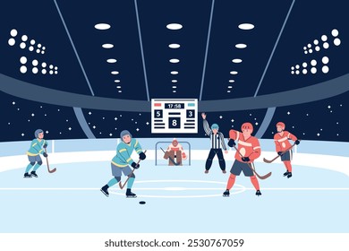 Juego de hockey sobre hielo en el estadio. Jugadores de hockey con cascos uniformes con palos y disco sobre hielo. Competición deportiva, entrenamiento, campeonato, reciente escenario de Vector