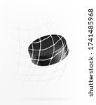Ice hockey game with hockey puck flies into goal net, 3d realistic vector illustration. Flying hard rubber disk in goal, isolated on white background. Template for sport event, bets site, competition