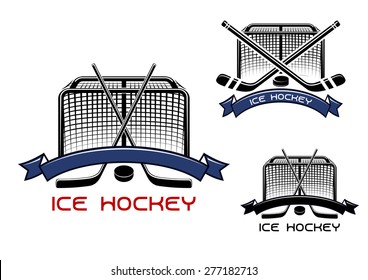 Ice hockey game sports symbols or emblems with crossed hockey sticks, puck, gates and ribbons