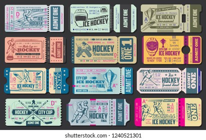 Ice hockey game tickets, sport championship. Vector retro tickets with hockey stick, puck, forwards and goalkeeper helmet on ice rink arena with cutting line