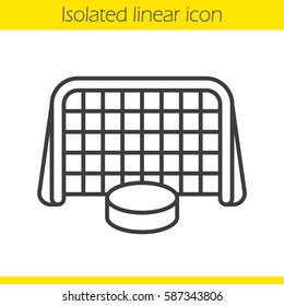 Ice hockey gate and puck linear icon. Thin line illustration. Hockey goal contour symbol. Vector isolated outline drawing