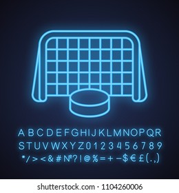 Ice Hockey Gate And Puck Neon Light Icon. Hockey Goal. Glowing Sign With Alphabet, Numbers And Symbols. Vector Isolated Illustration