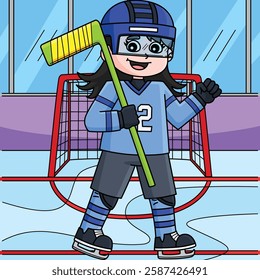 Ice Hockey Girl Player Colored Cartoon 