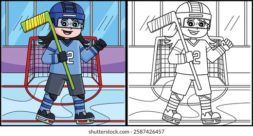 Ice Hockey Girl Player Coloring Page Illustration 