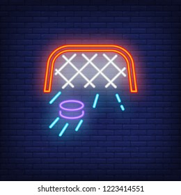 Ice hockey goal with moving puck neon sign. Hockey advertisement design. Night bright neon sign, colorful billboard, light banner. Vector illustration in neon style.