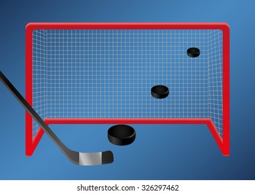 Ice hockey - goal. set of pucks flies through the air into the ice hockey goal.