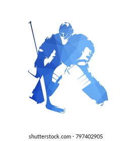 Ice hockey goalie, abstract blue geometric vector silhouette