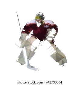 Ice hockey goalie in dark red jersey, abstract polygonal vector illustration