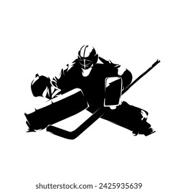 Ice hockey goalie, front view, isolated vector silhouette