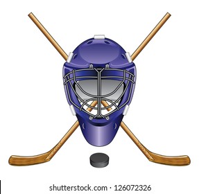 Ice Hockey Goalie Mask Sticks and Puck is an illustration of an ice hockey goalie mask, sticks and puck. Great for logos.