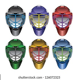 Ice Hockey Goalie Masks is an illustration of ice hockey goalie masks in six different colors with different color face cages.