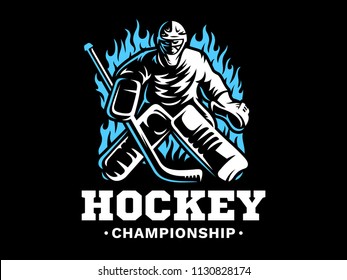 Ice hockey goalie on fire - emblem design, illustration on a black background