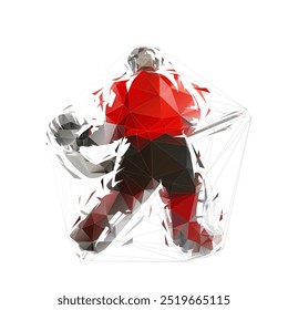 Ice hockey goalie, rear view, low poly isolated vector illustration from triangles