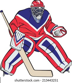 Ice hockey goalkeeper in action. Editable vector illustration.