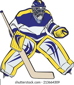 Ice hockey goalkeeper in action. Editable vector illustration.