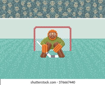 Ice Hockey Goalkeeper in the Gate - Vector Illustration in Pixel Art Classical Technique