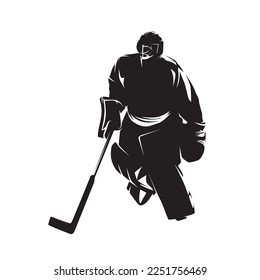 Arquero de hockey sobre hielo, arquero de hockey, silueta vectorial aislada, dibujo de tinta. Atleta deportiva de equipo de invierno