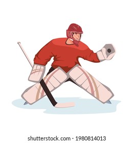 Ice hockey goalkeeper player in protective sportswear and helmet with a hockey stick catches a puck.