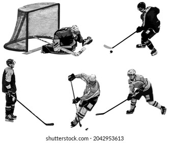 Eishockey. Der Torhüter schützt das Tor. Hockeyspieler spielen aktiv auf dem Eis. Eishockeyspieler einzeln auf weißem Hintergrund. Monochrome Abbildung. Vektorgrafik.