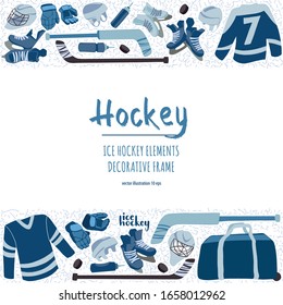 Ice Hockey hand drawn pattern decorative border. Puck, equipment of hockey player with hockey-stick. Winter game sport vector flat isolated illustration on white background.