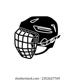 Ice hockey helmet in black fill hand drawn flat icon style. Vector illustration element template of ice hockey equipment. Stylish editable graphic resources for many purposes. 