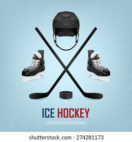 Ice hockey helmet, puck, sticks and skates on ice rink background. Vector EPS10 illustration. 