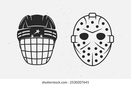 Eishockeyhelme. Retro und moderne Eishockeyhelme. Vektorgrafik