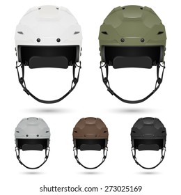 Ice hockey helmets set, isolated on white. Vector EPS10 illustration. 