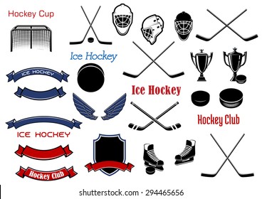 Símbolos de hockey sobre hielo y heráldicos para emblemas de diseño con palos, patines, patines, máscaras, puerta, escudo, pancartas, alas y trofeos