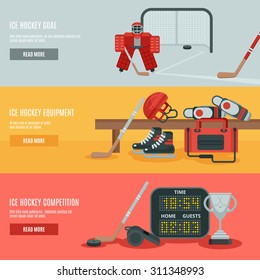 Ice hockey horizontal banners set with equipment cup and goal flat isolated vector illustration 