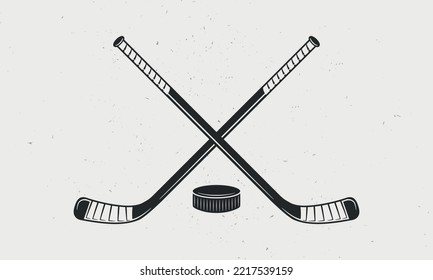 Ice Hockey icon, label, badge, logo template. Hockey sticks, cues with puck isolated on white background. Vector illustration.