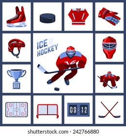 Ice hockey icon set with sport uniform protective outfit isolated vector illustration