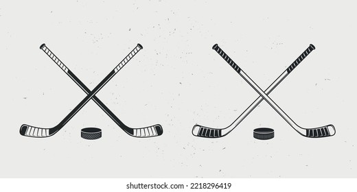 Eishockey-Symbole einzeln auf weißem Hintergrund. Eishockey-Cues und Pucks-Icons. Vintage-Design-Elemente für Logo, Abzeichen, Banner, Etiketten. Vektorgrafik