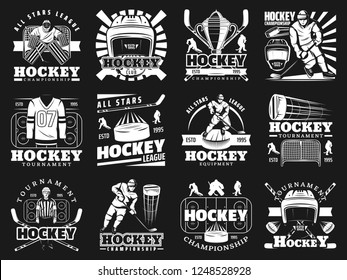 Ice hockey icons with players and sport items. Helmet and stick, puck and shirt with number, trophy cup and referee, gates and sportsman on skates. Team game tournament, championship symbols