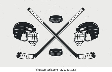 Ice Hockey icons set. Helmets, hockey cues and pucks icons isolated on white background. Vector illustration