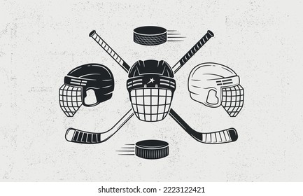 Ice Hockey icons set. Hockey vintage emblem with black and white hockey cues, helmets and puck icons. Logo template for team, club, tournament design. Vector illustration