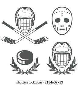 Ice hockey insignias, hockey helmet and retro goalkeeper mask, hockey puck logos, vector