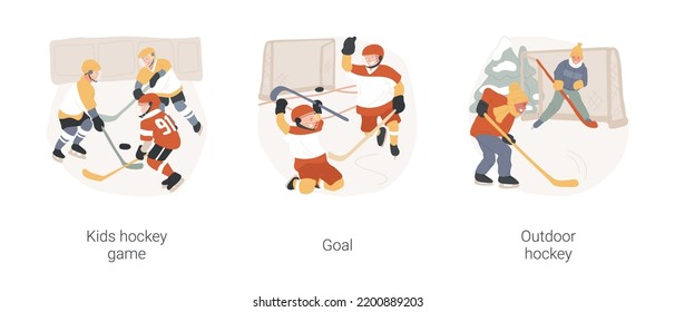 Ice Hockey Isolated Cartoon Vector Illustration Set. Kids Hockey Tournament, Children Playing Indoors, Wearing Uniform, Scored The Puck, Happy With Goal, Outdoor Rink, Casual Game Vector Cartoon.