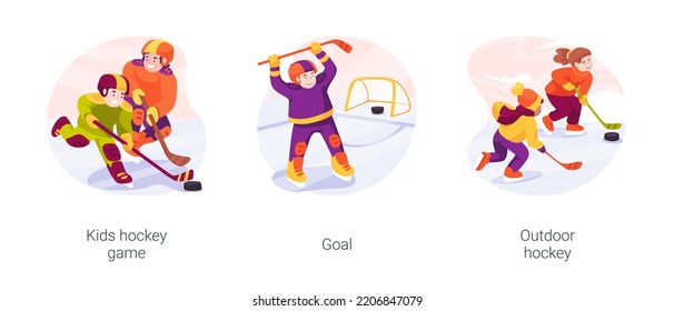 Ice Hockey Isolated Cartoon Vector Illustration Set. Kids Hockey Tournament, Children Playing Indoors, Wearing Uniform, Scored The Puck, Happy With Goal, Outdoor Rink, Casual Game Vector Cartoon.