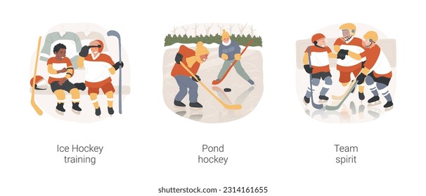 Ice Hockey isolated cartoon vector illustration set. Teenage players talking in changing room, guys playing pond hockey, team spirit, standing together, wear uniform, winter sport vector cartoon.