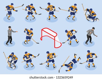 Ice Hockey isometric icons set with  defensing players forwards goaltender goalie puck referee on rink vector illustration