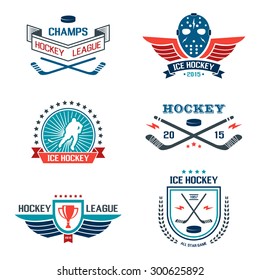 Ice hockey labels and design elements, emblems, symbols, icons, badges and logo template collection.