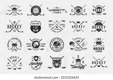 Etiquetas de hóquei no gelo, emblemas e logotipos. Logotipo de hóquei no gelo definido com capacetes, bolas, pistas e ícones de banner de fita. Design Hipster. Emblema, modelos de pôster. Ilustração vetorial