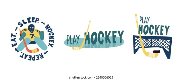 Ice hockey labels set with lettering and quote. Sport label with motto hand drawn